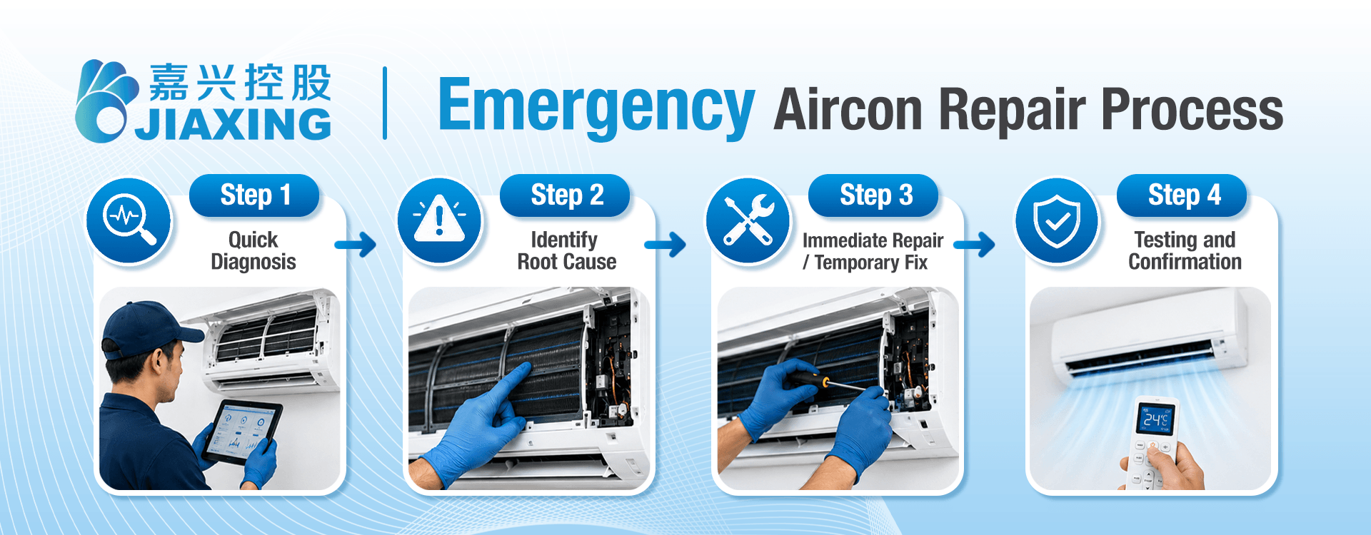 Step by step emergency aircon repair service in progress by professional technician of Jiaxing Aircon